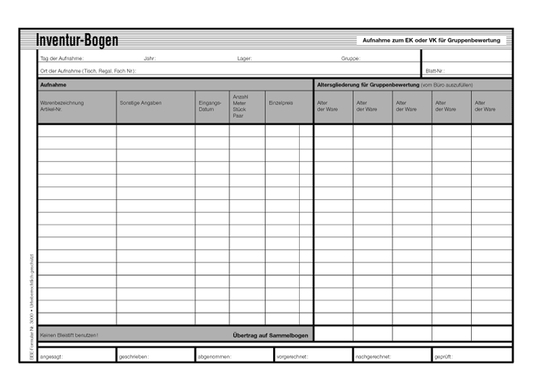 Inventurbogen Aufnahme für Gruppenbewertung