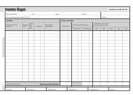 Inventurbogen Aufnahme für Einzel- und Gruppenbewertung