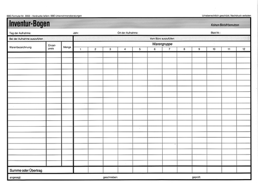 Inventurbogen Lebensmittel