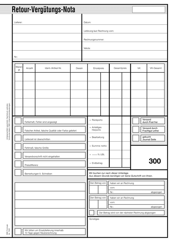 Retour-Vergütungs-Nota