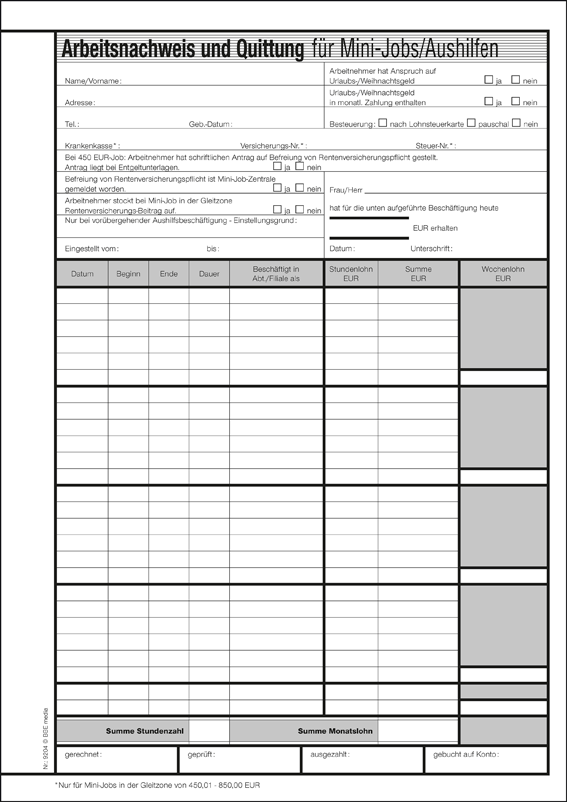 Arbeitsnachweis und Quittung für Mini-Jobs/Aushilfen usw.