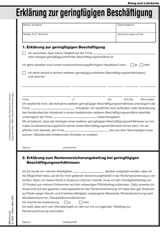Erklärung zur geringfügigen Beschäftigung